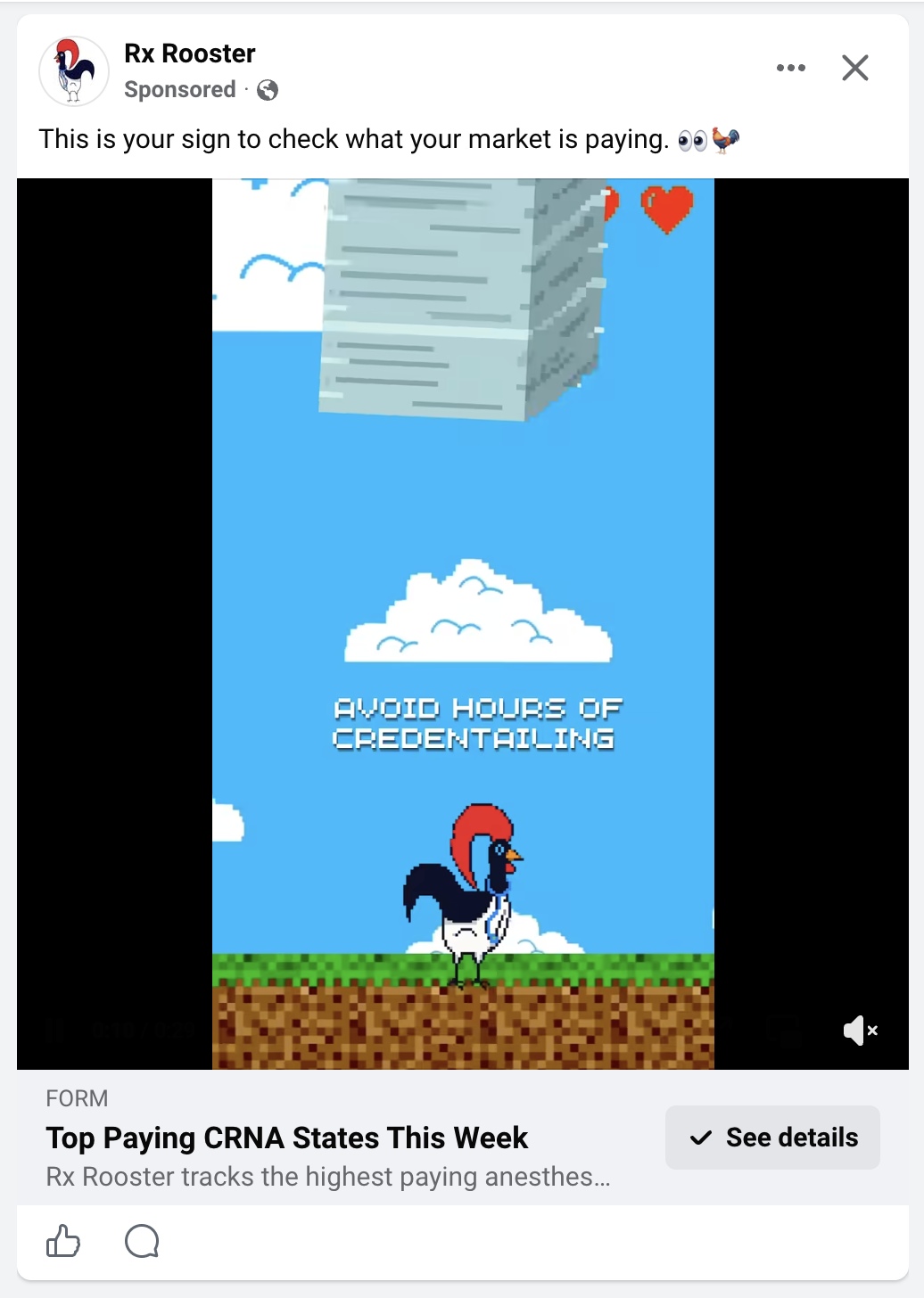 The RxRooster advertisement as it appears on Facebook or Instagram. Tapping the call-to-action opens the Instant Form.