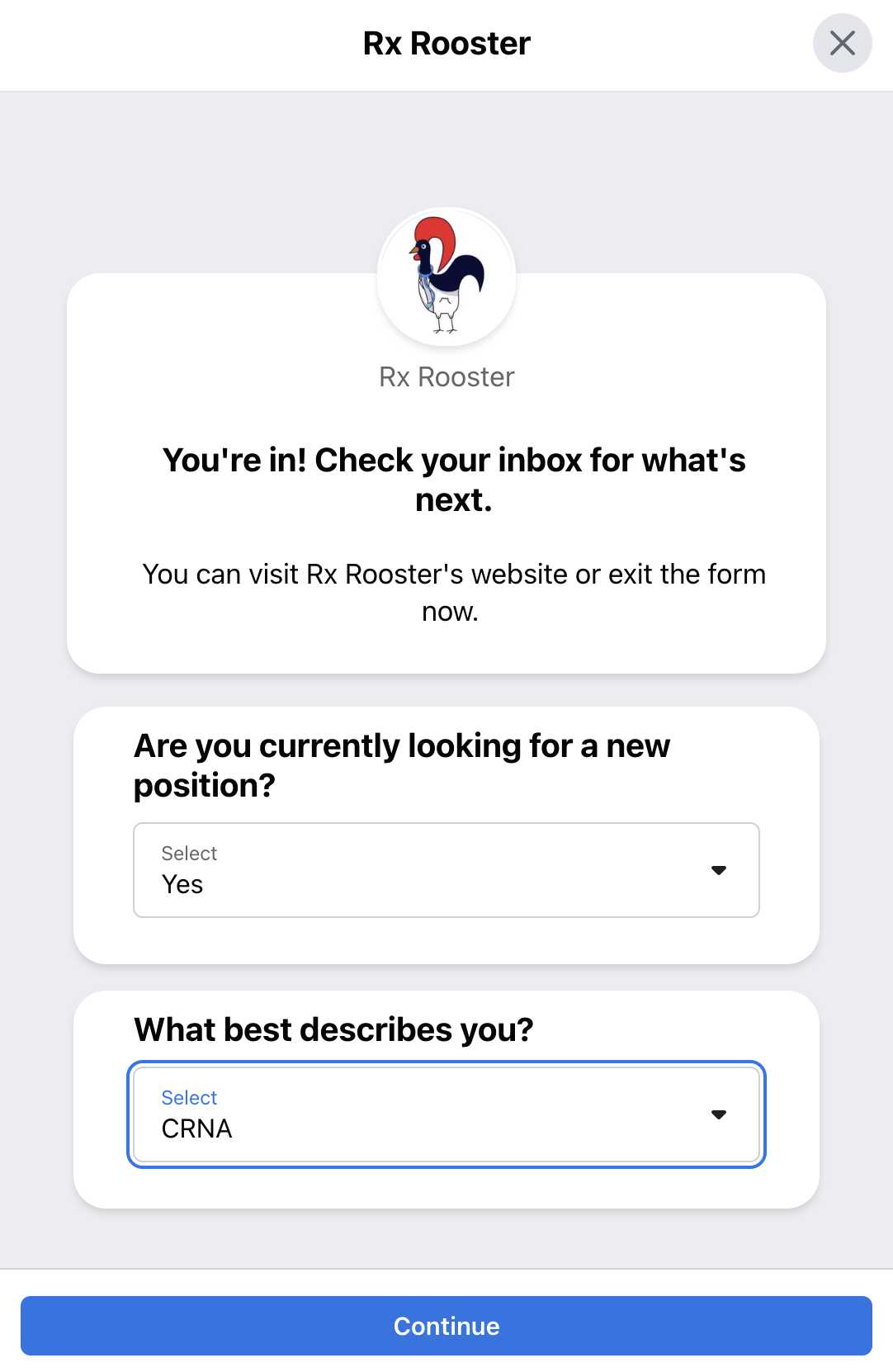 The Instant Form opens with a short introduction from RxRooster. Two qualifying questions follow, covering provider type and job-search status.