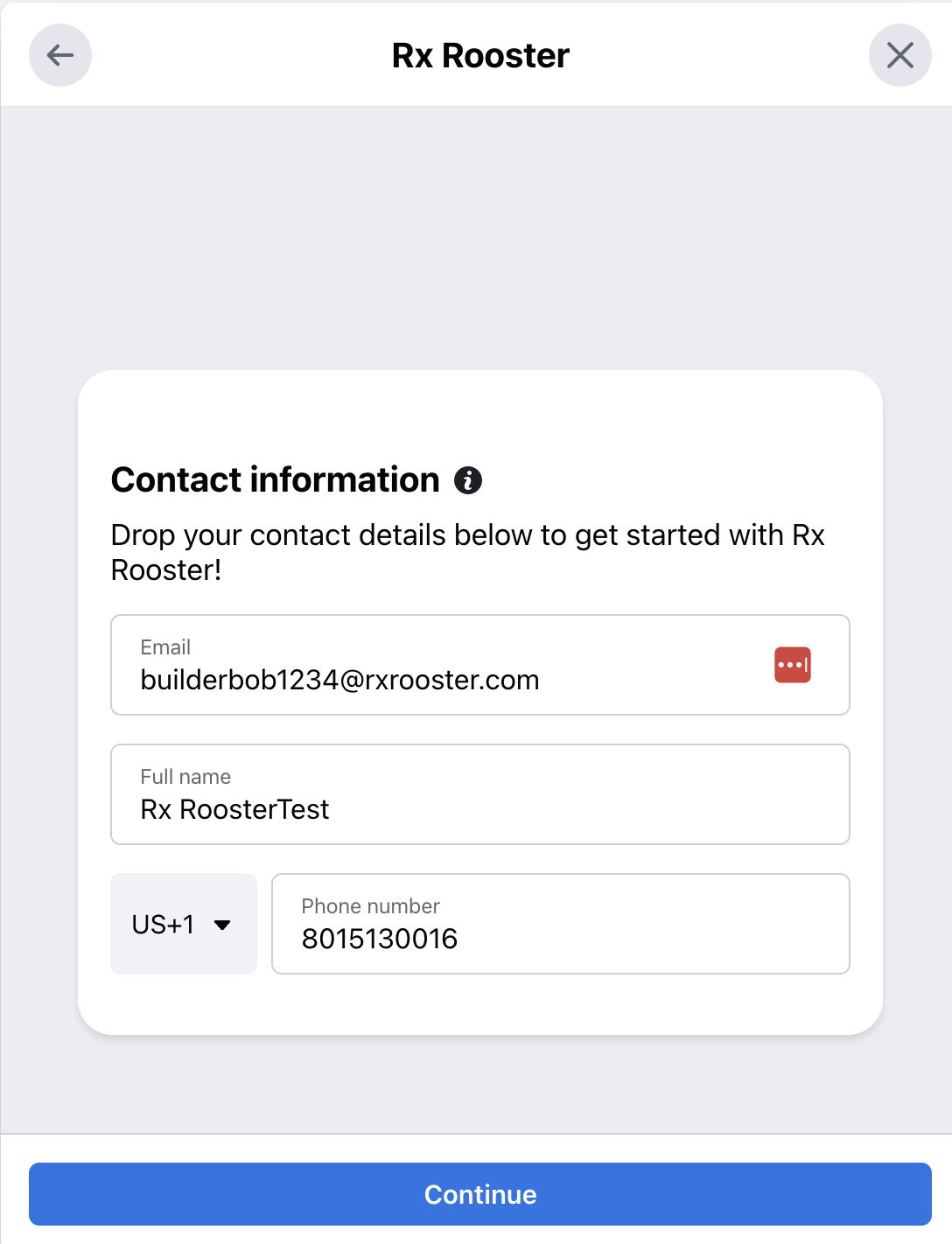 The contact screen. The user enters or confirms name, email address, and mobile phone number.
