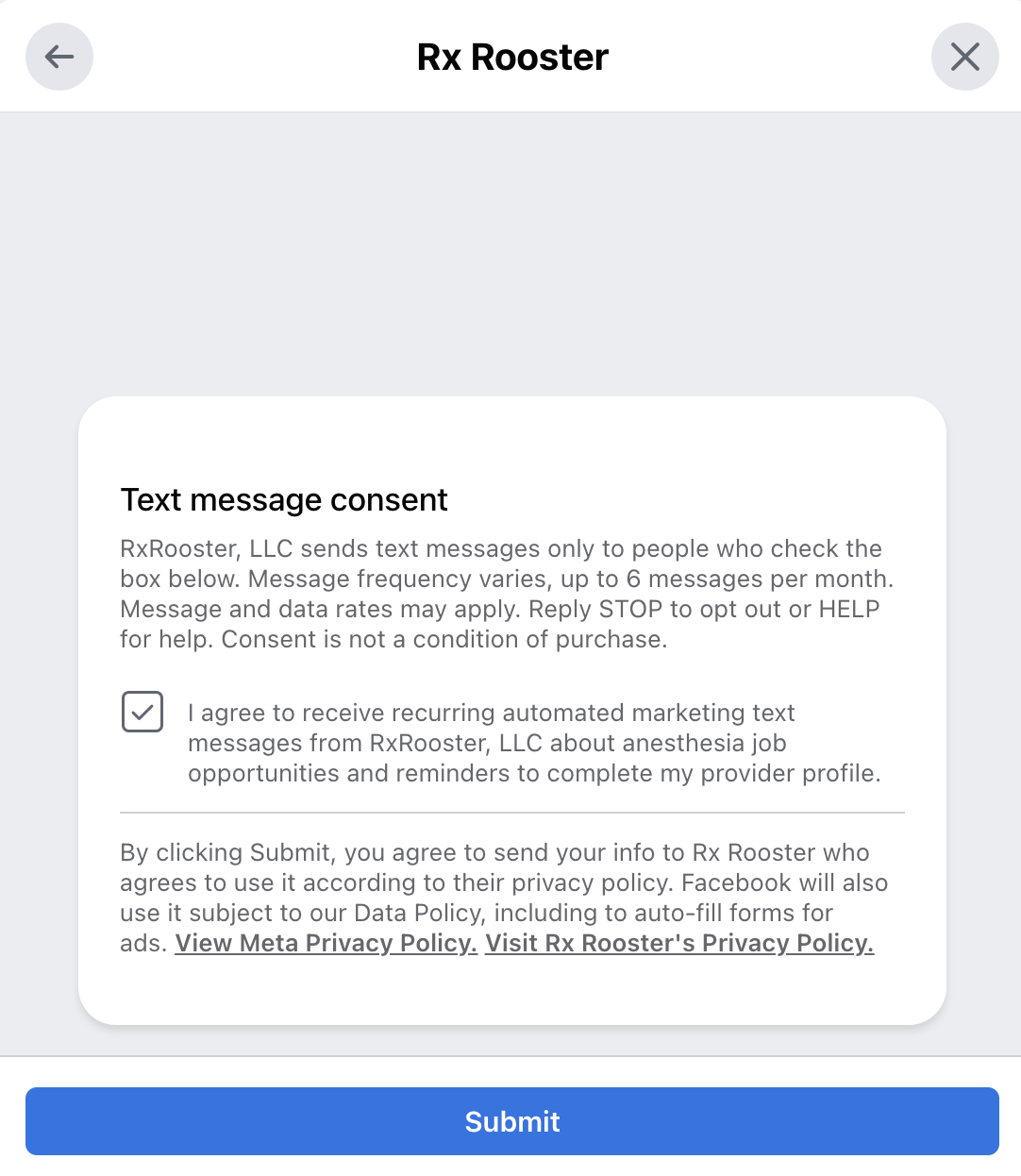 The same screen after the user affirmatively selects the checkbox. Submit becomes active only at this point. Consent is required, is never pre-selected, and cannot be skipped.